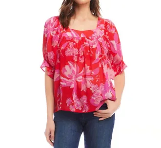 Karen Kane Fia Floral Print Square Neck Top In Pink And Red
