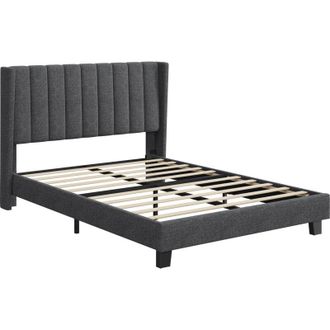 Yaheetech Yaheetech - Letto Imbottito Matrimoniale Testiera a Strisce con Rete a Doghe in Legno e Metallo Grigio Scuro 140 x 200 cm