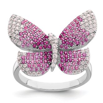 Diamond2Deal Sterling Silver Rhodium-plated Polished Pink Cubic Zirconia Butterfly Ring