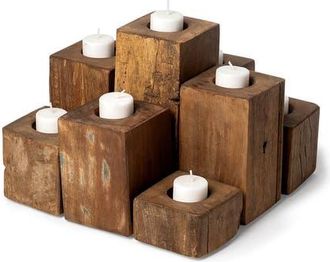 Mercana Cassius Nine Wood Block Table Candle Holder in Brown at Nordstrom