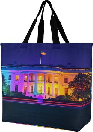 Generic Colorful White House Washington Large Reusable Shopping Bag Lightweight Foldable Tote Bags Washable Shoulder Handbag