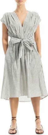 Max Studio Stripe Tie Front Cotton Blend Dress in Natural/Olive Stripe at Nordstrom Rack, Size X-Small
