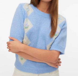 Vero Moda Madden Crew Sweater In Blue/ Cream