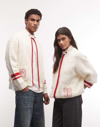 Reclaimed Vintage unisex crema a trecce con zip e collo a imbuto con grafica numerica-Bianco