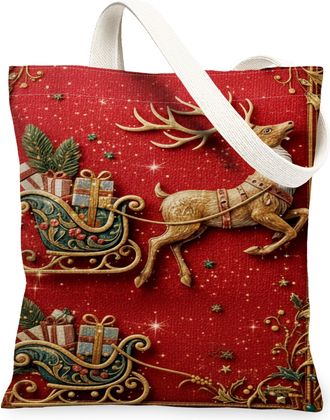 Generic Christmas Reindeer Canvas Tote Bags, Vintage Sleigh Design Reusable Grocery Bags, Holiday Lightweight Washable Shoulder Str, Red, 13x15 Inch