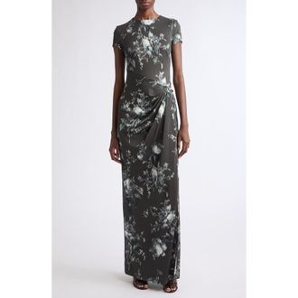 Oscar De La Renta Peony Print Draped Jersey Dress in White/carbon at Nordstrom, Size 14