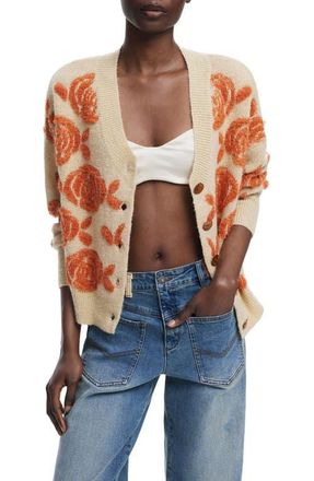 Desigual Floral Jacquard V-Neck Cardigan in Beige at Nordstrom, Size X-Large
