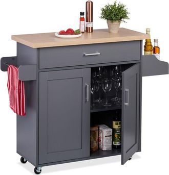 Relaxdays Carrito Auxiliar de Cocina, Camarera con Encimera y Cajón, 2 Compartimentos, 90x114,5x39,5 cm, Gris/Natural - Relaxdays