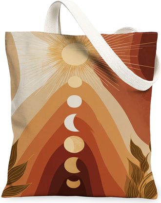 Generic Sun and Moon Canvas Tote Bags, Vintage Bohemian Design Reusable Grocery Bags, Lightweight Washable Shoulder Strap Canvas Fo, Orange, 13x15 Inch