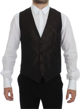 Dolce & Gabbana Elegante Bruin-Zwart Wollen Blend Jurk Vest - Heren - Gillet - Zwart - M - Wol - Kostuums