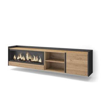 Skraut Home Mueble tv efecto madera roble negro 212x35x50cm chimenea efecto fuego