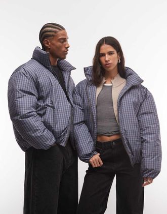 Collusion Piumino unisex a collo a imbuto a quadri blu