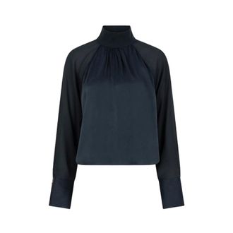 Dante6 Midnight Green Satijnen Top met Opstaande Kraag - Dames - Blouses - Groen - M - Satijn - Overhemden