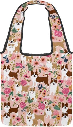 Generic Corgi Flowers Reversible Canvas Shoulder Tote - Double-Sided Print, 12oz Cotton, 27cm Drop, Fold-Flat Bag for Travel, Shopping, Street Outings