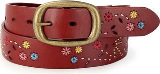 OLD TREND Blossom Genuine Leather Hand Stitched Colorful Detail Belt in Cognac at Nordstrom, Size Medium