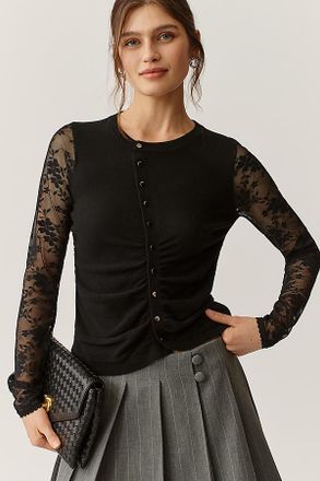 Maeve Cashmere Blend Asymmetric Lace-Sleeve Sweater