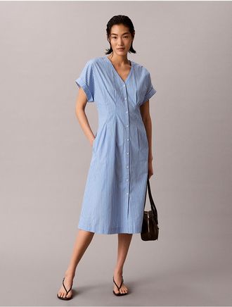 Calvin Klein Womens Cotton Poplin Stripe Midi Dress - Blue - XS
