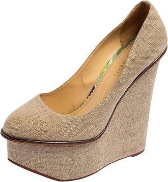 Charlotte Olympia Dark Beige Canvas Carmen Wedge Pumps