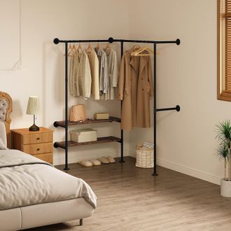Woltu Guardaroba Per Cabina Armadio A Muro. Porta Abiti In Tubi DAcciaio E 2 Ripiani In Legno. Appendiabiti Industriale E Vintage Per Camera Da Letto. Nero+