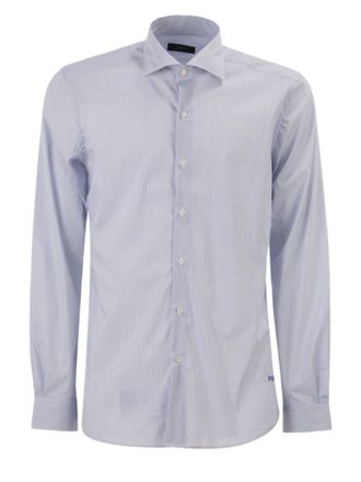 Fay Blue Stretch Cotton Shirt With French Collar And Embroidered Logo