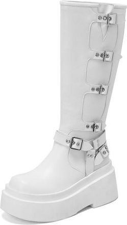 Generic Womens Patent Leather Platform Boots with Buckle Round Toe Knee High Boots Block Heel Gothic Punk Boot,White2,3.5 UK