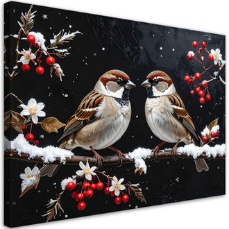 Feeby Cuadro En Lienzo, P&aacute;jaros En Una Rama En Invierno Y Frutos De Serbal, 120x80
