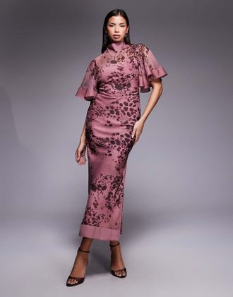 Asos Vestito midi a colonna in chiffon e raso rosa con stampa astratta animalier e maniche ampie a met&agrave;-Multicolore
