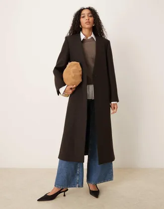 Mango Capsule - Cappotto sartoriale lungo in misto lana marrone senza colletto