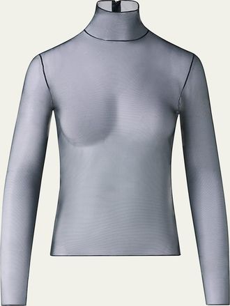 Akris Mock-Neck Stretch Tulle Fitted Long-Sleeve Shirt