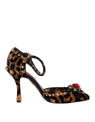 Dolce & Gabbana Brown Leopard Crystal Roses Pumps Womens Shoes
