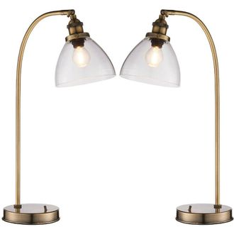 Loops 2 PACK Industrial Curved Table Lamp Antique Brass & Glass Modern Bedside Light in Clear
