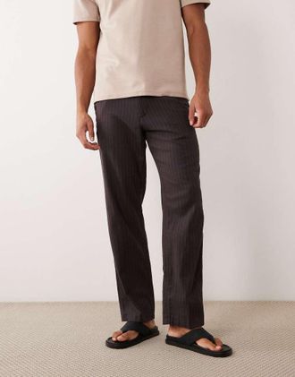 Abercrombie & Fitch Pantaloni dritti eleganti in misto lino marrone gessato