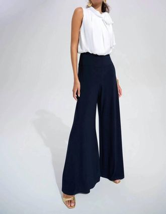 Joseph Ribkoff Mock Neck Tie Wide Leg Jumpsuit In Midnight Blue/vanilla