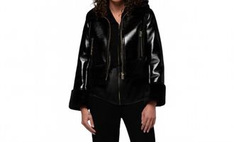 Max & Moi Vinta Vinyl Jacket With Faux Fur Trims In Black