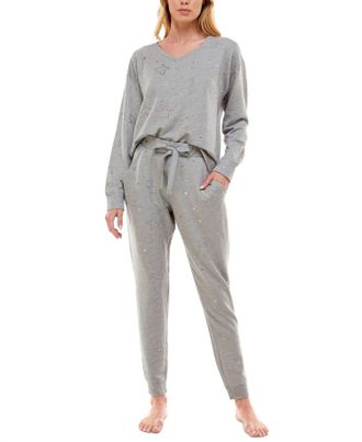 Roudelain Womens Foil-Star-Print Long Sleeve And Jogger Pajama Set In Starry Foil