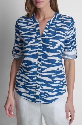 DKNY Print Linen Shirt in Tidal Break at Nordstrom, Size Xx-Small