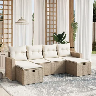 vidaXL Juego De Sof&aacute;s Jard&iacute;n Con Cojines 6 Pzas Rat&aacute;n Sint&eacute;tico Beige Vidaxl