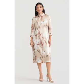 Misook A-Line Floral Print Silk Midi Dress in Biscotti/charmeuse at Nordstrom, Size Xx-Large