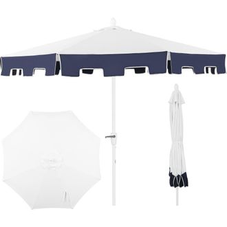 Jonathan Y Designs Baiona Coastal Octagon Aluminum Market Outdoor Patio Umbrella with Crank Lift and Tilt, UV-Resistant Square Trim Canopy in White/navy at