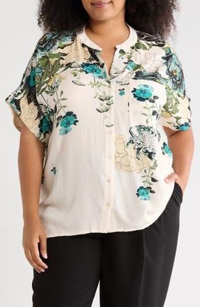 T Tahari Elbow Sleeve Button-Up Shirt in Latte Botanical Print at Nordstrom Rack, Size 3X
