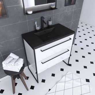 Aurlane Muebles De Ba&ntilde;o Blanco 80x50cm - 2 Cajones Blancos - Efecto De Resina Negra Vasca Pierre
