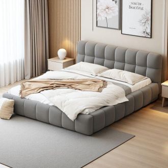 OEM Cama Doble 140x200 - Lino Natural - Cabecera Tapizada - Madera S&oacute;lida - Gris Elegante