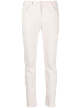 Brunello Cucinelli logo-patch straight-leg trousers - women - Cotton/Spandex/Elastane/Calf Leather/Cotton/Eco Brass - 44 - White