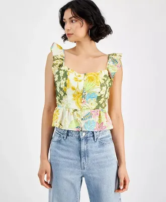 Guess Carine Top Womens Beige Gold Floral Peplum Hem Ruffled Straps FTS1139