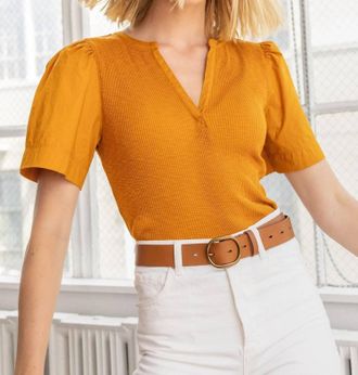 Lilla P Woven Sleeve Split Neck Top In Curry