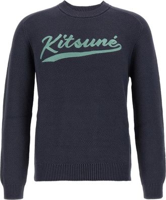 Maison Kitsun&eacute; Varsity Textured Cotton Sweater - Heren - Ronde hals truien - Grijs - L - Katoen - Truien & Vesten