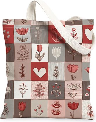Generic Floral Canvas Tote Bags, Vintage Flower Patchwork Pattern Reusable Grocery Bags, Lightweight Washable Shoulder Strap Canvas, Red, 13x15 Inch