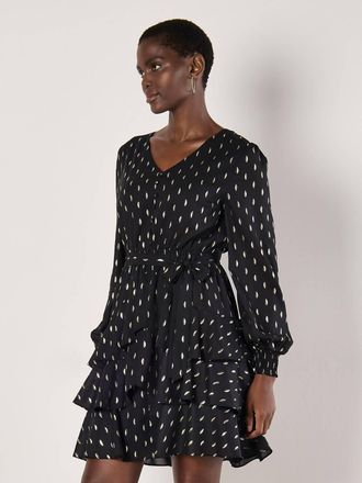 Apricot Foil Spot Layered Long Sleeve Dress In Black