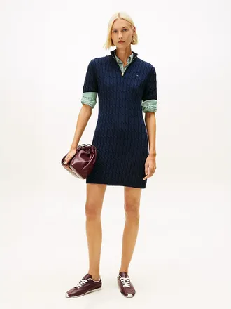 Tommy Hilfiger Womens Cable Knit Quarter-Zip Sweater Dress - Navy - XL