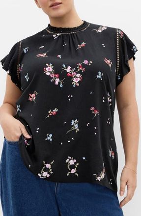 City Chic Petal Bouquet Print Woven Shirt in Petal Bouquet Black at Nordstrom, Size Xxxs